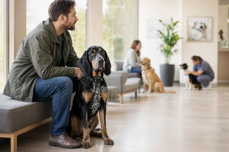 Ein Black and Tan Coonhound sitzt ruhig neben seinem Besitzer im hellen Wartezimmer einer modernen Tierarztpraxis.
